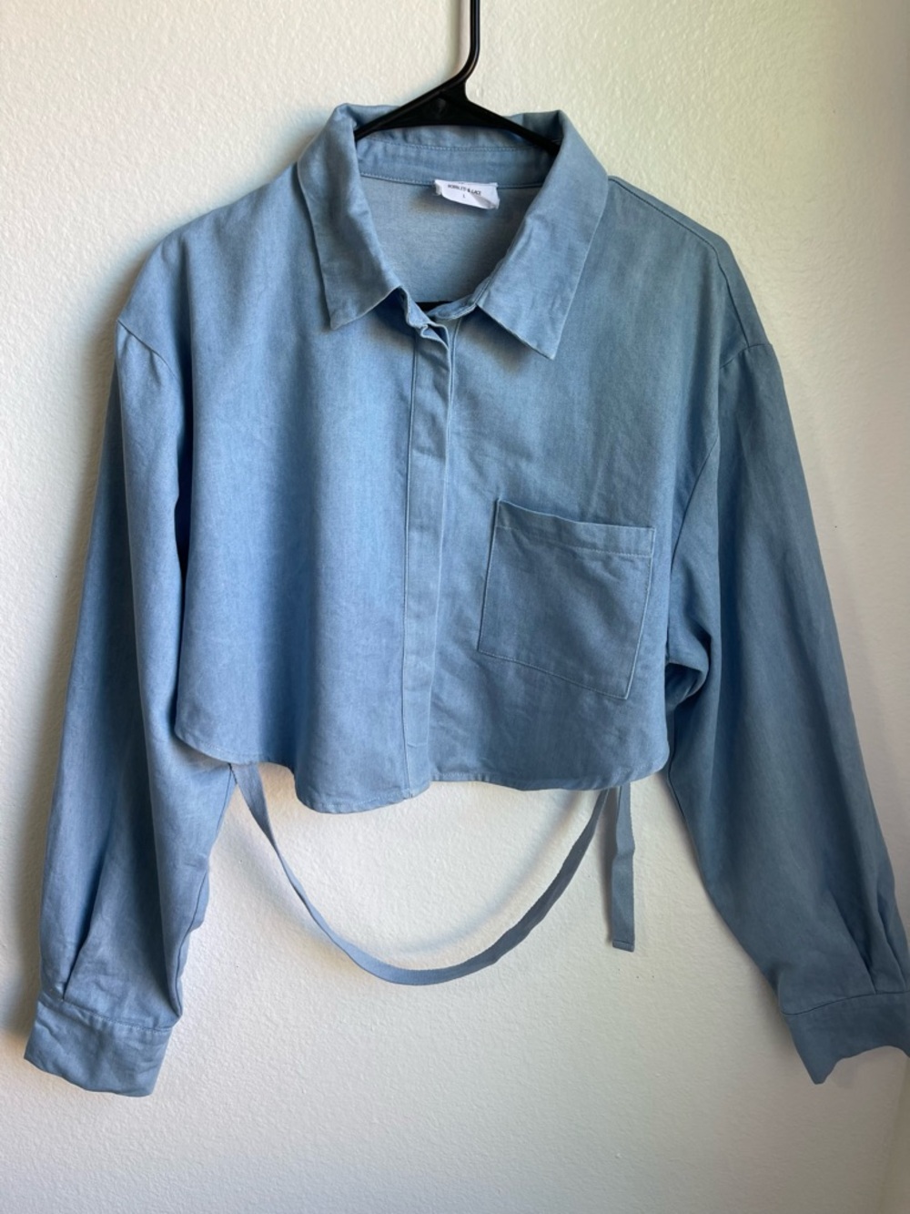 Bobbles & Lace Cropped Blue soft denim Button Up long sleeve shirt jacket Size L